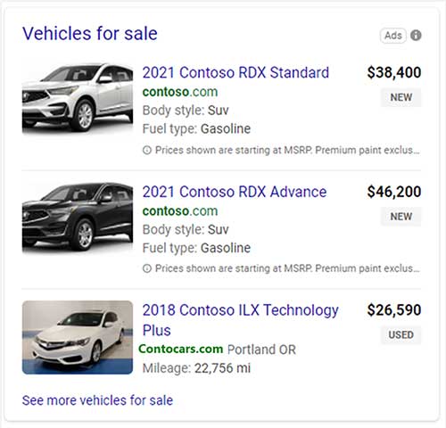 Example of Automotive Vertical Ads on the Microsoft Bing search results page.