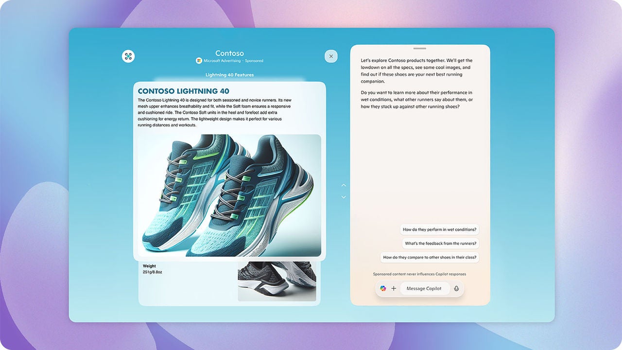 The image shows a webpage with a product description for "CONTOSO LIGHTNING 4.0" running shoes. The left side of the page features an image of the shoes, which are teal and black with white soles. Below the image, there is a smaller close-up of the shoe's sole. The text describes the shoes as lightweight and designed for both casual wear and intense workouts, emphasizing comfort and performance. On the right side of the page, there is a chat interface with questions about shoe preferences and conditions.